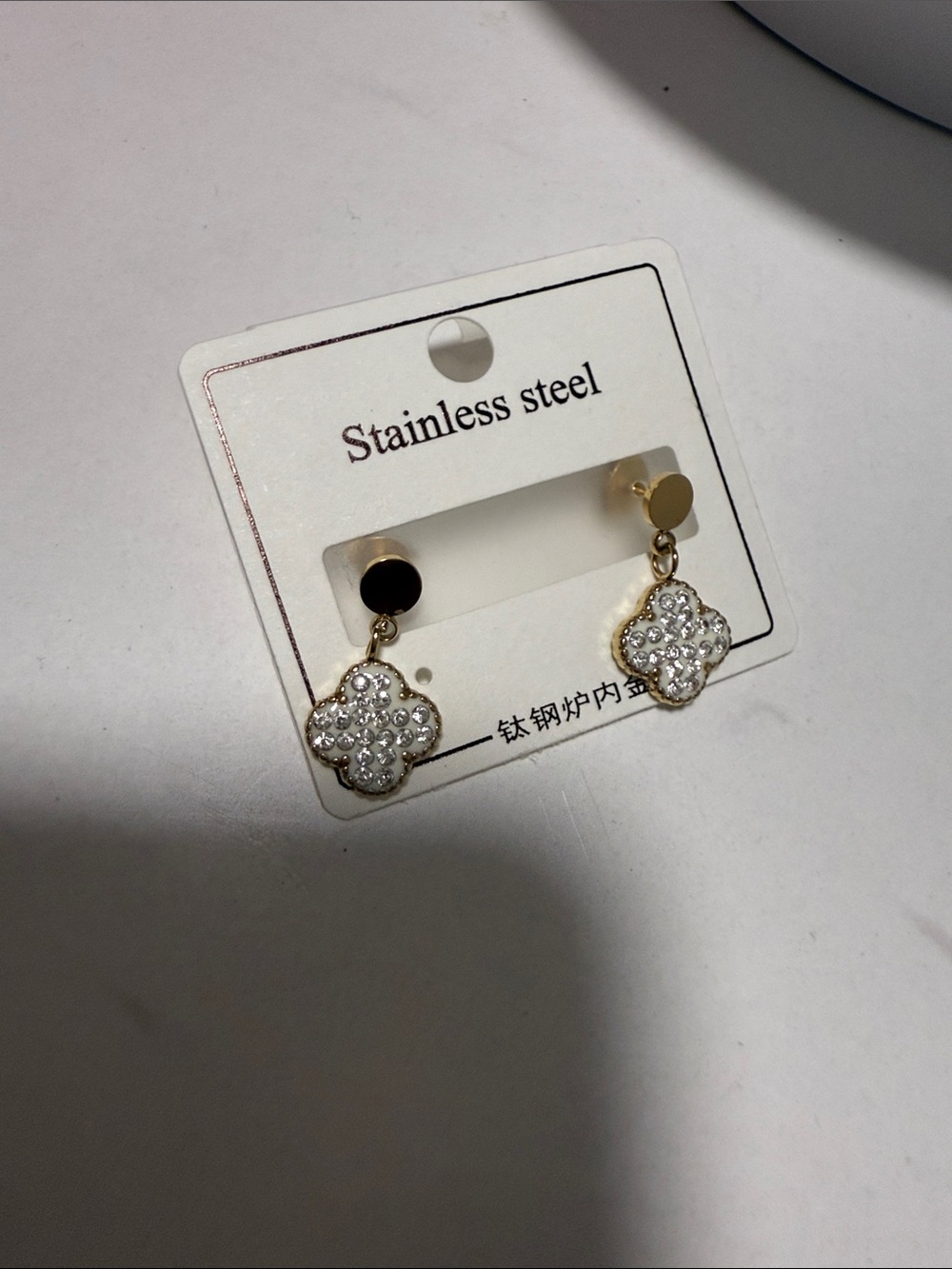 Gold-Plated Crystal Clover Drop Earrings - Stainless Steel